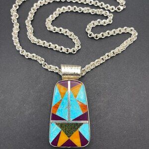 RARE Osavio Crespin Turquoise Pendant and HEAVY 31" Necklace 84.5 Gm 925 Silver